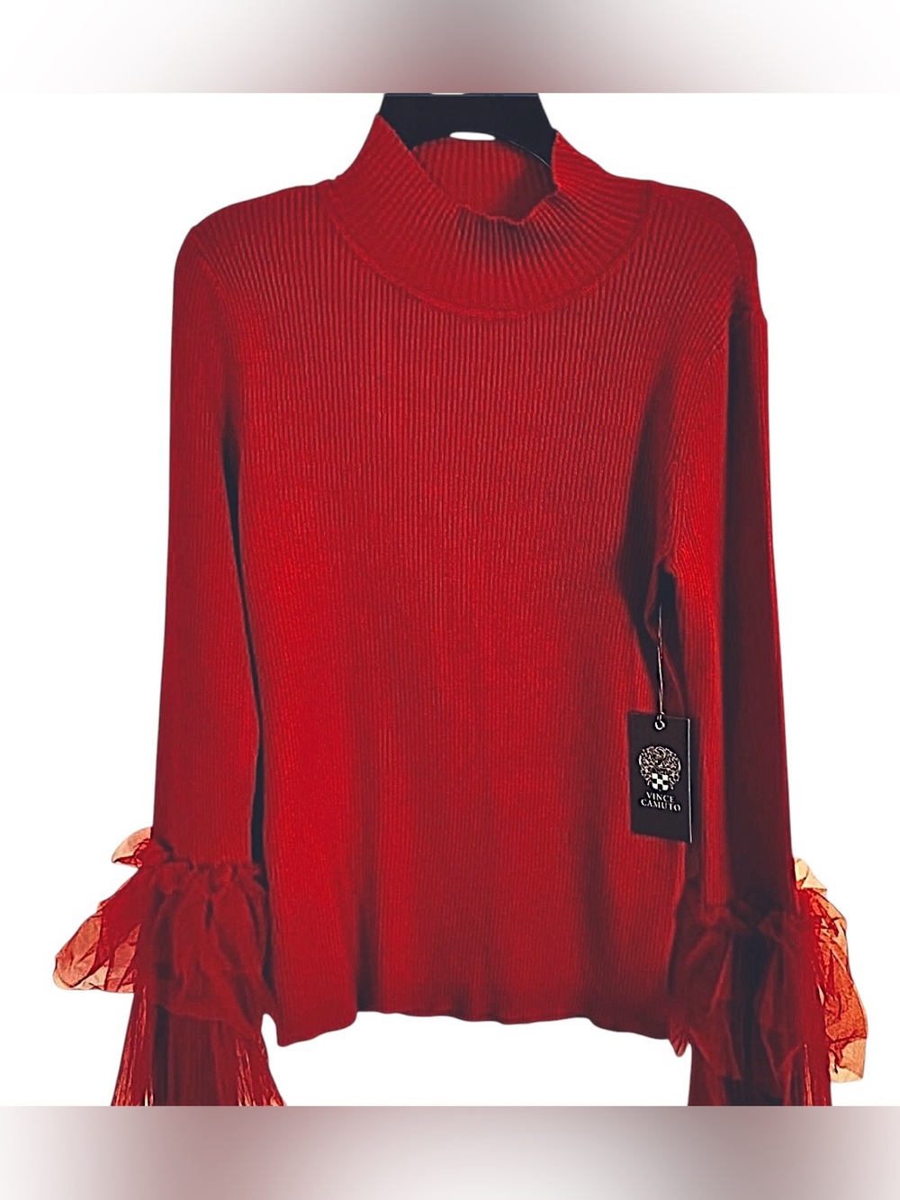 Vince Camuto Red Ribbed Knit Mock Neck Tulle Ruffle Sleeve Sweater NWT Size : S - Picture 2 of 11